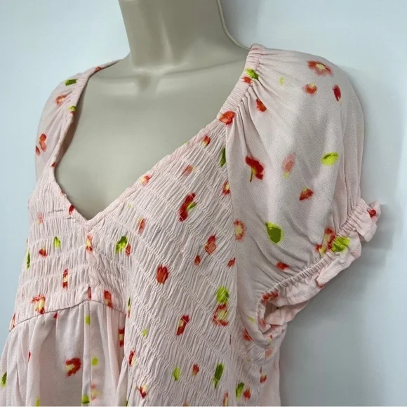 BP. Babydoll Shirred Pink Floral Smocked Short Sleeve Peplum Crop Top Multicolor - Picture 4 of 13